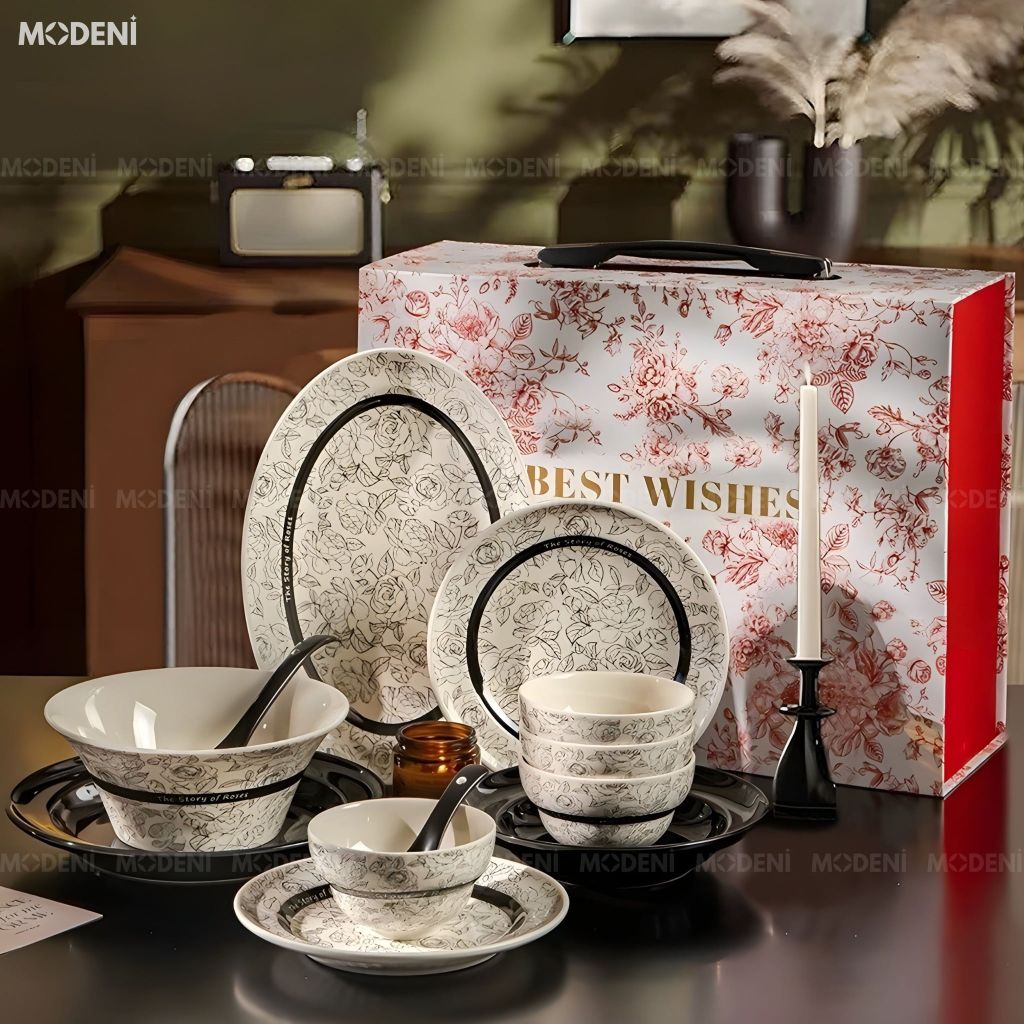 Bộ Chén Đĩa Sứ Tráng Men Cao Cấp Roseline – Họa Tiết Hoa Hồng Pháp Cổ Điển, Tông Đen Trắng Thanh Lịch Chuẩn Bàn Tiệc Parisian Chic