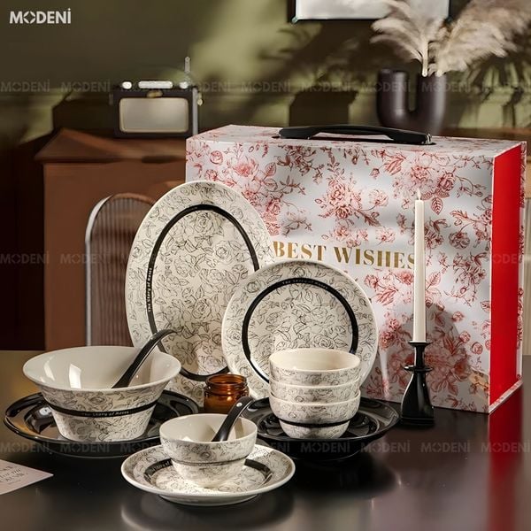  Bộ Chén Đĩa Sứ Tráng Men Cao Cấp Roseline – Họa Tiết Hoa Hồng Pháp Cổ Điển, Tông Đen Trắng Thanh Lịch Chuẩn Bàn Tiệc Parisian Chic 