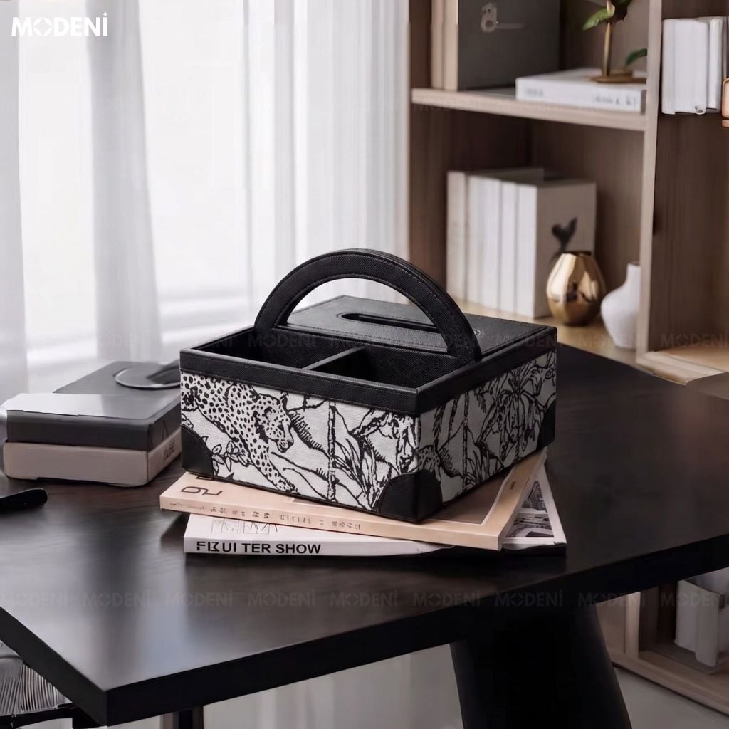 Hộp Khăn Giấy Kellan Vải Dệt Họa Tiết Báo Rừng Phối Da PU Cao Cấp Phong Cách Hiện Đại Nghệ Thuật Cho Phòng Khách Và Văn Phòng