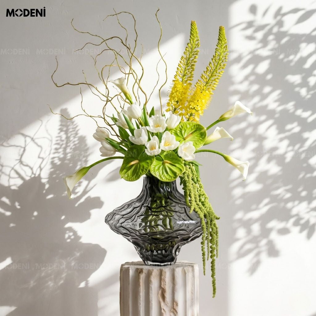Bình Hoa Thủy Tinh Lạ Moss – Lọ Hoa Nghệ Thuật Hiện Đại Sóng Đặc Biệt – 26cm Decor Bàn Sofa, Bàn Console