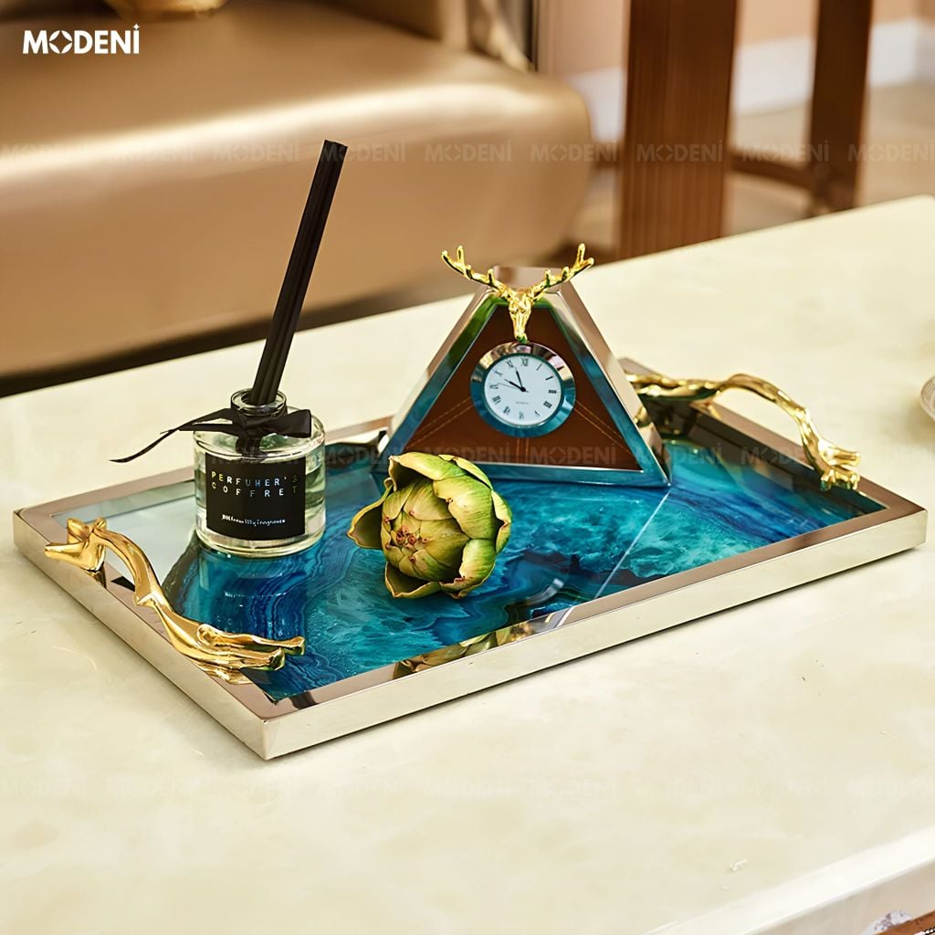 Khay Chữ Nhật Lazuli Trang Trí Mặt Thủy Tinh Cao Cấp Khung Inox Sang Trọng Màu Xanh Lưu Ly
