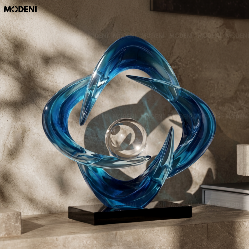Tượng decor Cosmic Blue – Resin nghệ thuật phối cầu thủy  tinh, điểm nhấn sang trọng cho mọi không gian