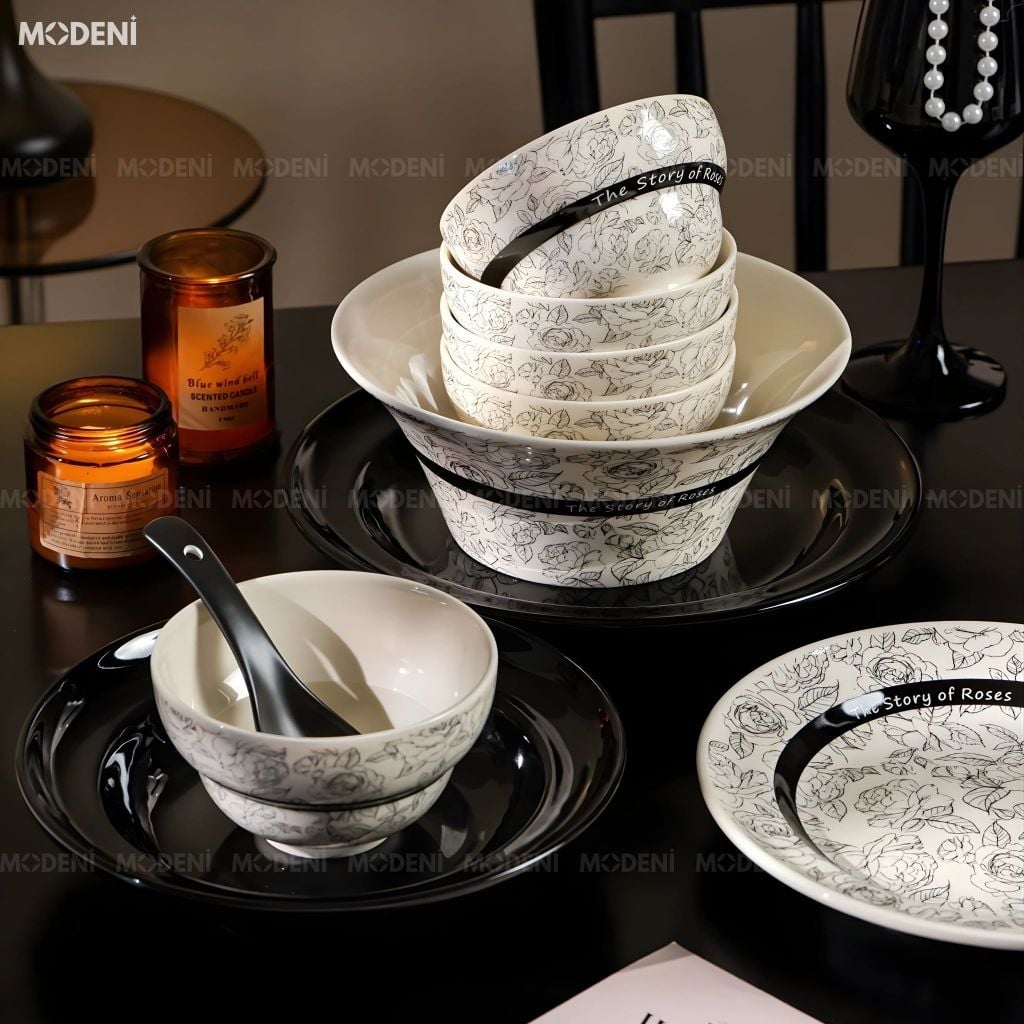 Bộ Chén Đĩa Sứ Tráng Men Cao Cấp Roseline – Họa Tiết Hoa Hồng Pháp Cổ Điển, Tông Đen Trắng Thanh Lịch Chuẩn Bàn Tiệc Parisian Chic