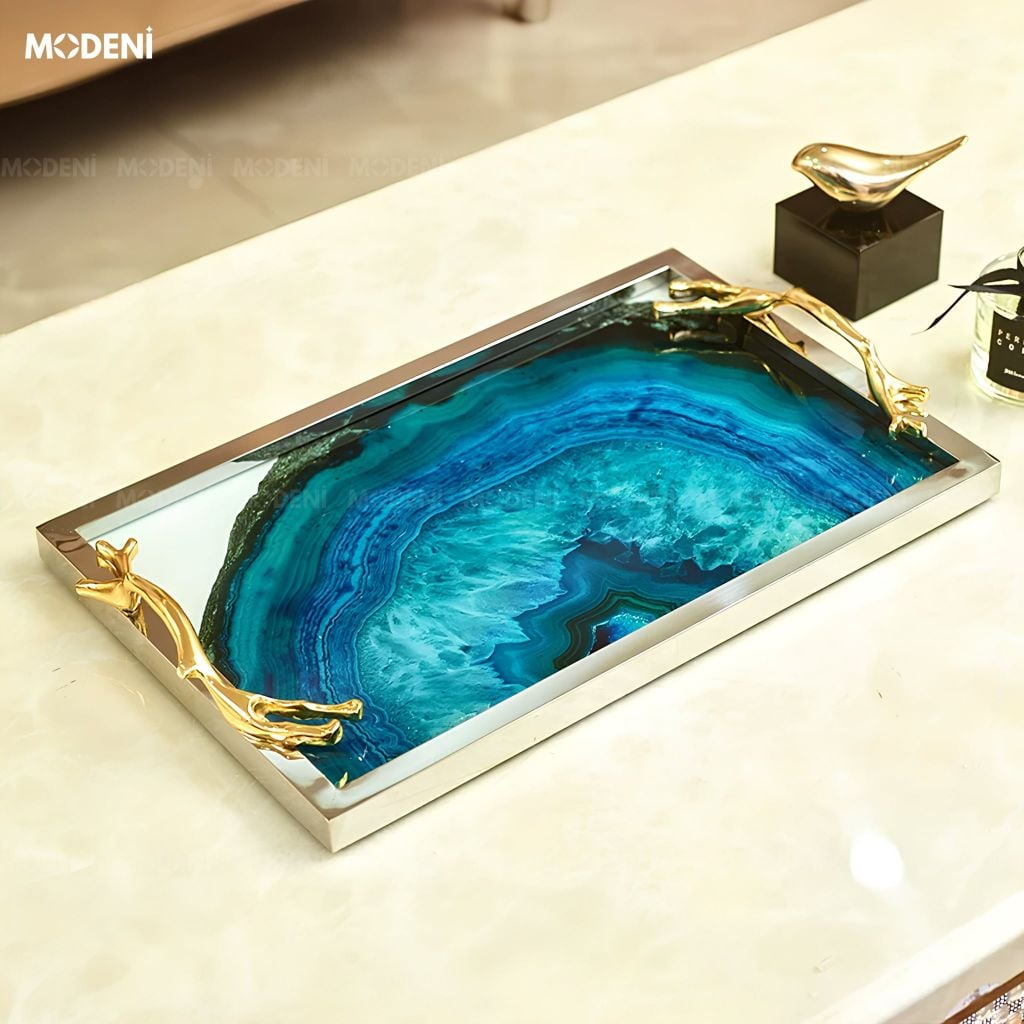 Khay Chữ Nhật Lazuli Trang Trí Mặt Thủy Tinh Cao Cấp Khung Inox Sang Trọng Màu Xanh Lưu Ly
