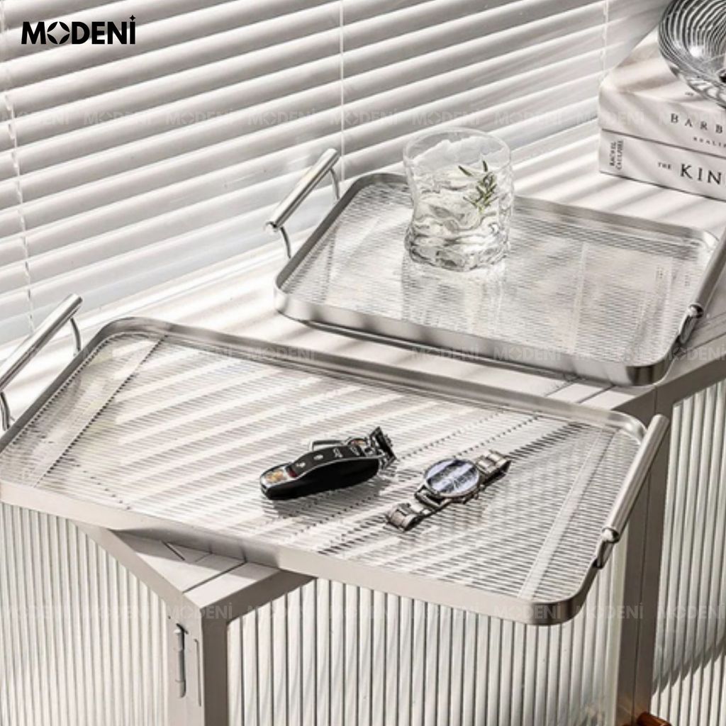 Khay Oriana Silver – Khay Decor Bắc Âu Sang Trọng – Tay Cầm Vàng Tinh Tế, Đựng Bánh Kẹo, Đồ Uống