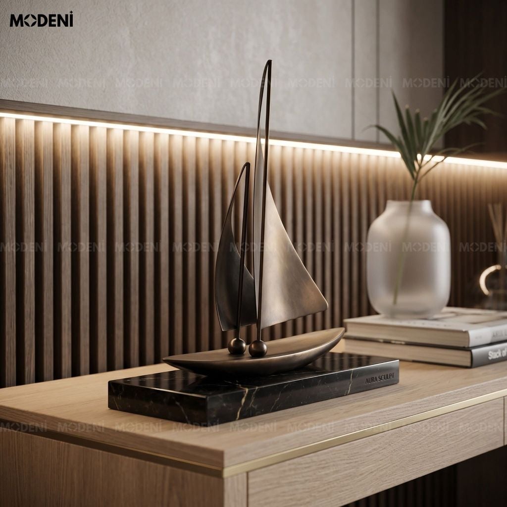 Tượng Trang Trí Thuyền Buồm Oceanis Composite Đúc Nguyên Khối Nâu Đen Ánh Đồng Phong Cách Modern Minimalism