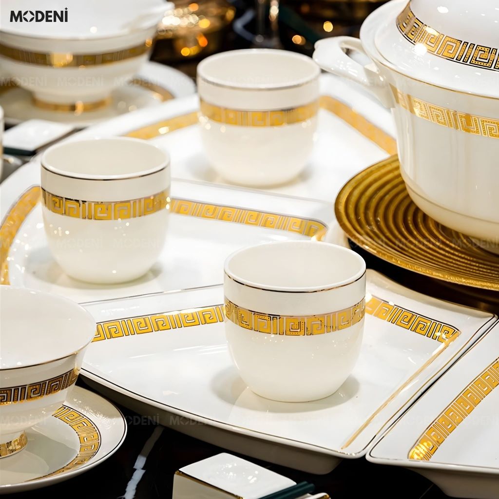 Bộ Chén Đĩa Tròn Sứ Xương Trevi Cao Cấp – Viền Vàng Hoàng Kim Tinh Xảo, Nghệ Thuật Hoàng Gia Cho Bàn Tiệc Sang Trọng