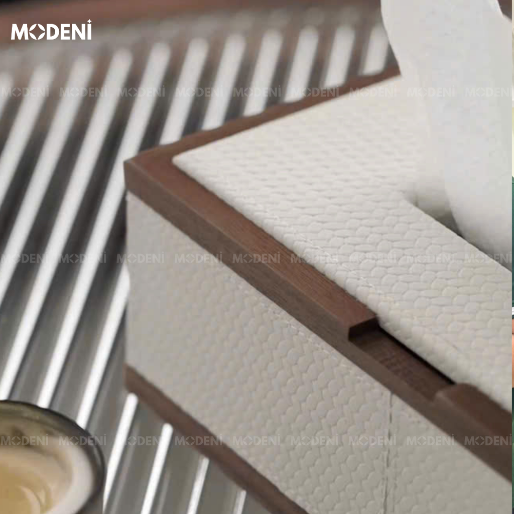 Hộp Khăn Giấy Orna Trắng Gỗ Phối Da Cao Cấp Phong Cách Japandi Tối Giản Sang Trọng Cho Phòng Ngủ Và Văn Phòng