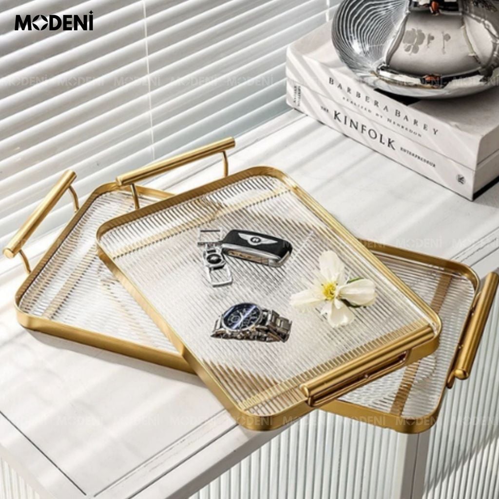 Khay Oriana Gold – Khay Decor Bắc Âu Sang Trọng – Tay Cầm Vàng Tinh Tế, Đựng Bánh Kẹo, Đồ Uống