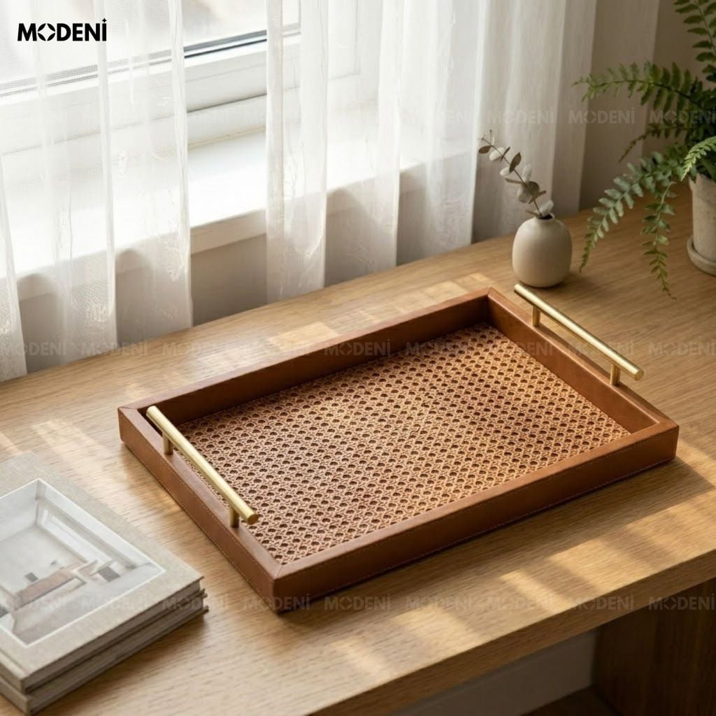 Khay Trang Trí Maroni Nâu Bọc Da PU Cao Cấp Tay Cầm Mạ Vàng Sang Trọng Cho Bàn Sofa