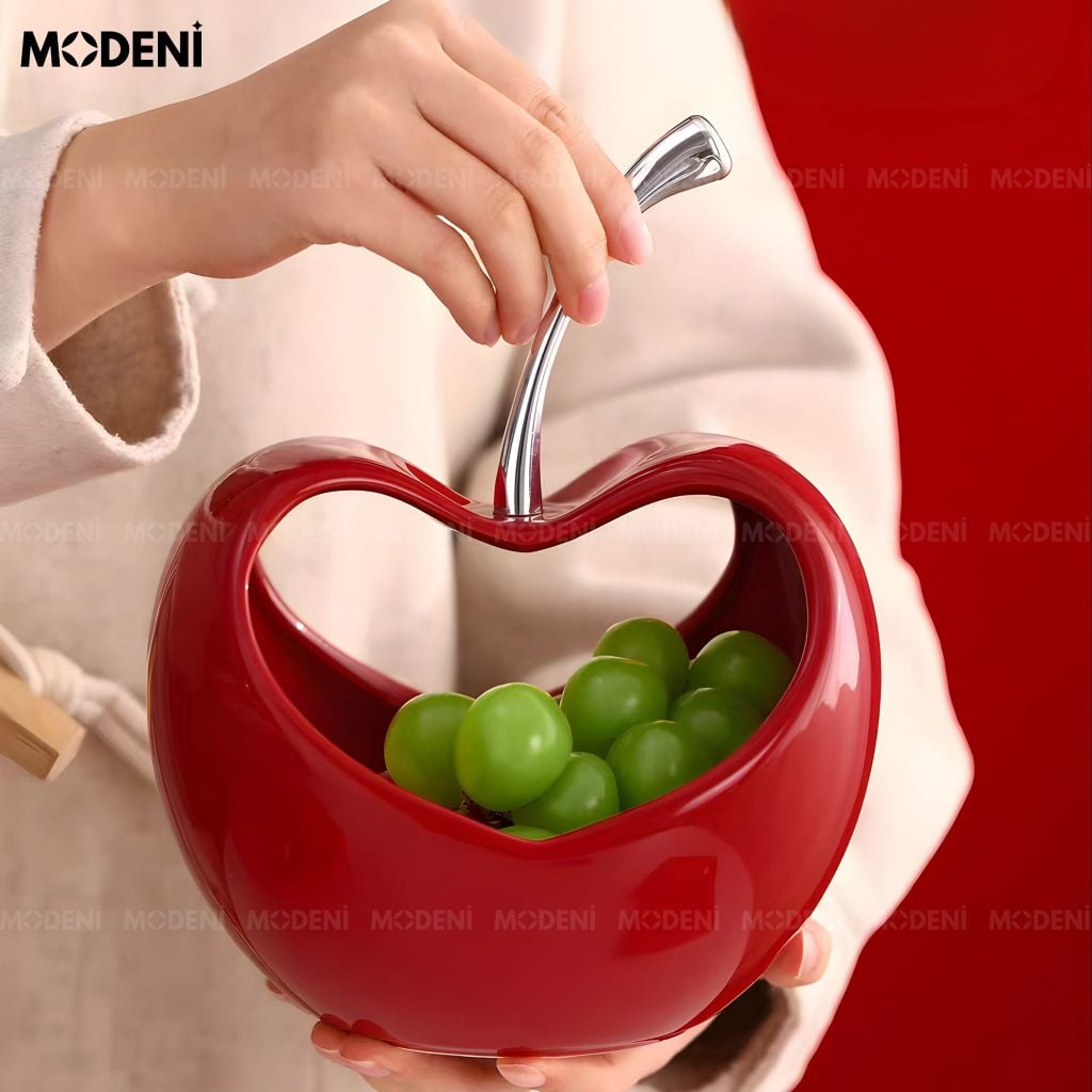 Hủ Đựng Trái Cây Crimson Gốm Sứ Họa Tiết Trơn Phối Tay Cầm Mạ Chrome Không Gỉ – Dùng Cho Bàn Ăn Hiện Đại