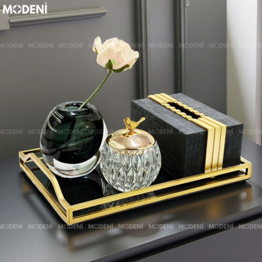 Khay Barocco Chữ Nhật – Decor Luxury Viền Vàng Mặt Gương Đen – Sang Trọng, Tinh Xảo Cho Bàn Console, Bàn Sofa Phong Cách Châu Âu Hiện Đại