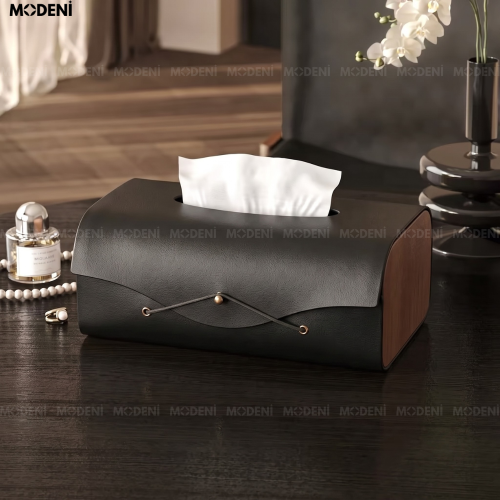 Hộp Khăn Giấy Elise Đen Da Microfiber Cao Cấp Phối Ốp Vân Gỗ Japandi Tối Giản Tinh Tế Cho Phòng Ngủ Và Văn Phòng