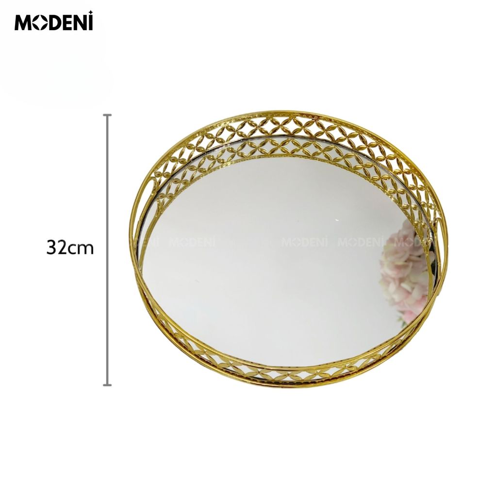 Khay Leona Tròn – Decor Mặt Gương Inox Vàng – Sang Trọng, Tinh Tế, Đậm Chất Châu Âu Cổ Điển Cho Bàn Trang Điểm, Sofa, Console