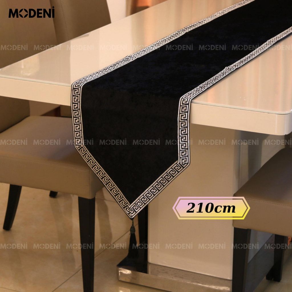 Khăn Trải Bàn Ravena – Vải Polyester Nhung Đen, Viền Họa Tiết Hy Lạp – Dài 210cm – Khăn Trải Bàn Sang Trọng Cho Không Gian Hiện Đại