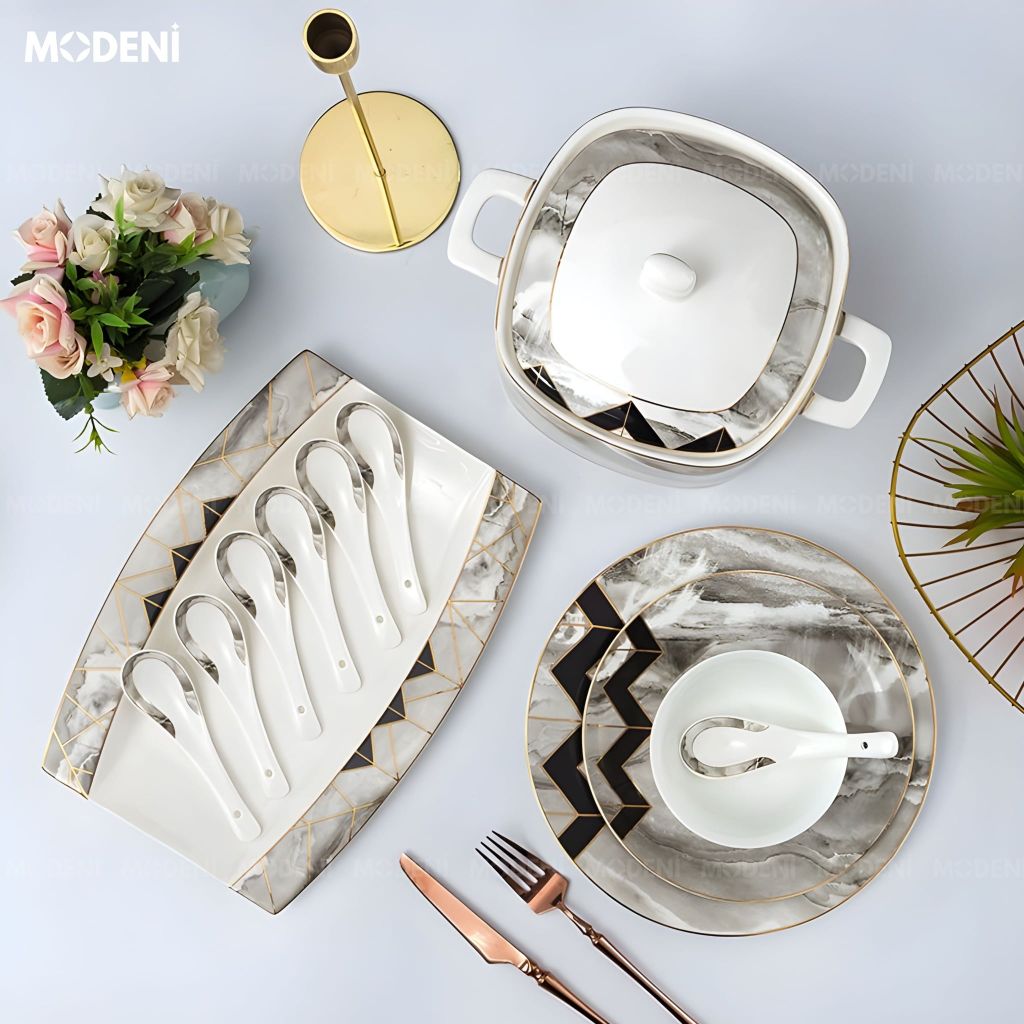 Bộ Chén Đĩa Noble Sứ Xương Trong Suốt Men Nano-Polymer Họa Tiết Đá Cẩm Thạch Cho Bàn Ăn Hiện Đại Sang Trọng