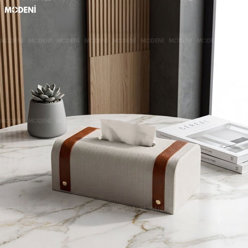 Hộp Khăn Giấy Kavet Da PU Phối Quai Nâu Dáng Rương Cổ Điển Màu Trắng Chống Bám Bụi Cho Bàn Trà Phòng Khách