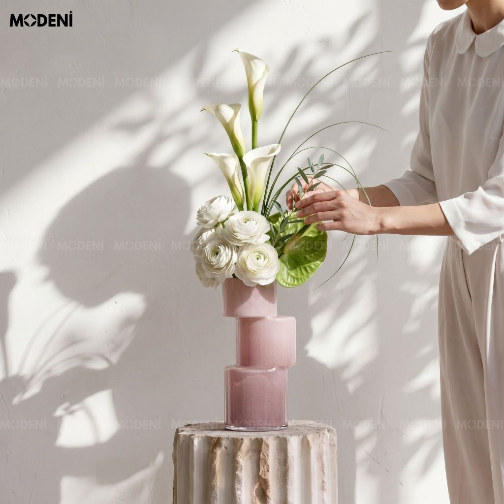Bình Hoa Blush – Bình hoa thủy tinh hồng pastel nghệ thuật – Kiểu dáng xếp tầng hiện đại 25.5cm – Phù hợp decor bàn làm việc, kệ sách, phòng ngủ