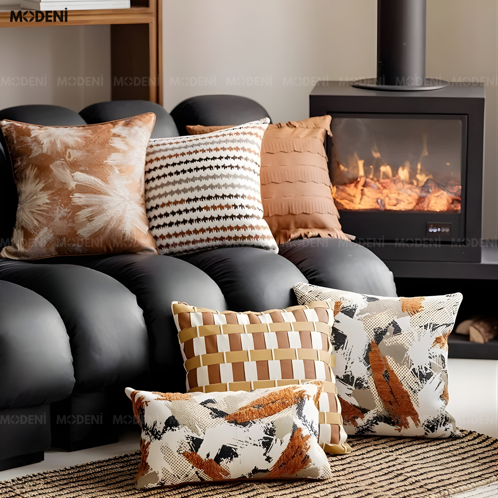 Vỏ Gối Sofa Woven – Da Microfiber Kết Hợp Vải Nhung Họa Tiết Caro Đa Lớp Đan Tay Hiện Đại