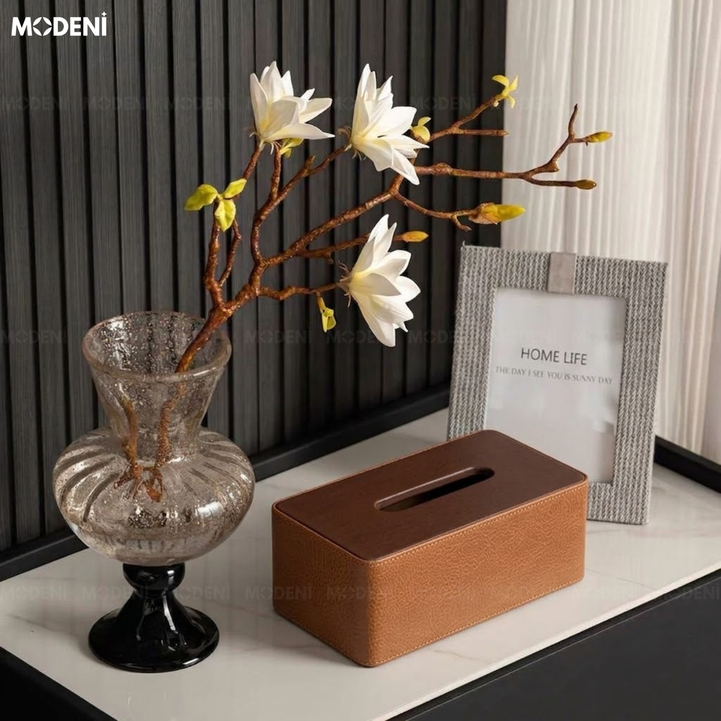 Hộp Khăn Giấy Valiso Da Phối Quai Nâu Dáng Rương Cổ Điển Màu Trắng Giữ Form Cứng Cáp Cho Bàn Trà Phòng Khách