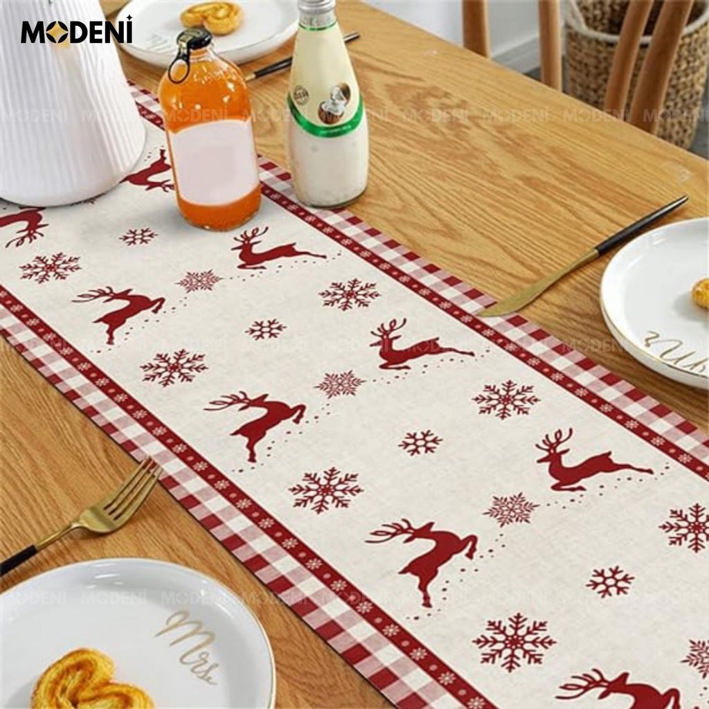 Khăn Trải Bàn Table Runner White Deer Cao Cấp – Trang Trí Giáng Sinh “Tuần Lộc Trên Tuyết” Nghệ Thuật – Table Runner Red Vintage
