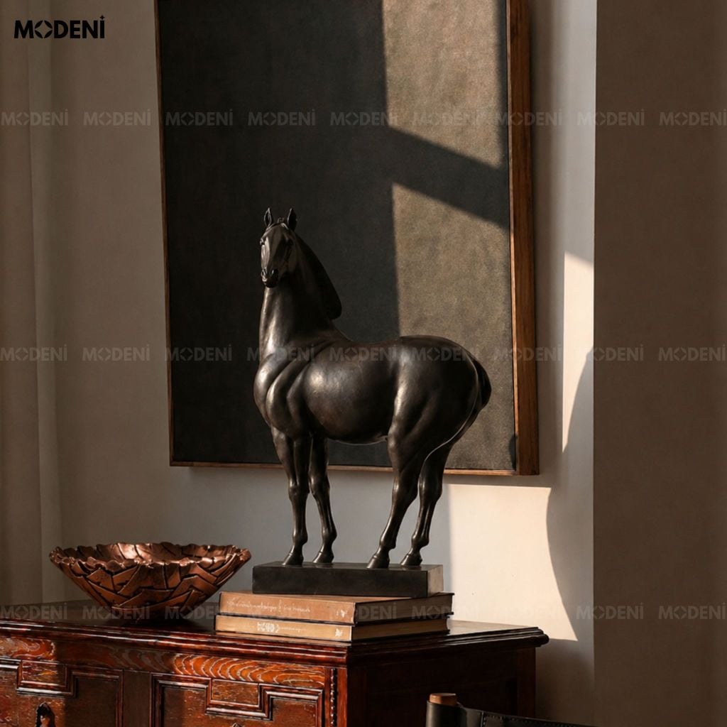 Tượng Trang Trí Pegasus Composite Hình Ngựa Chiến Đen Tuyền Phong Cách Cổ Điển