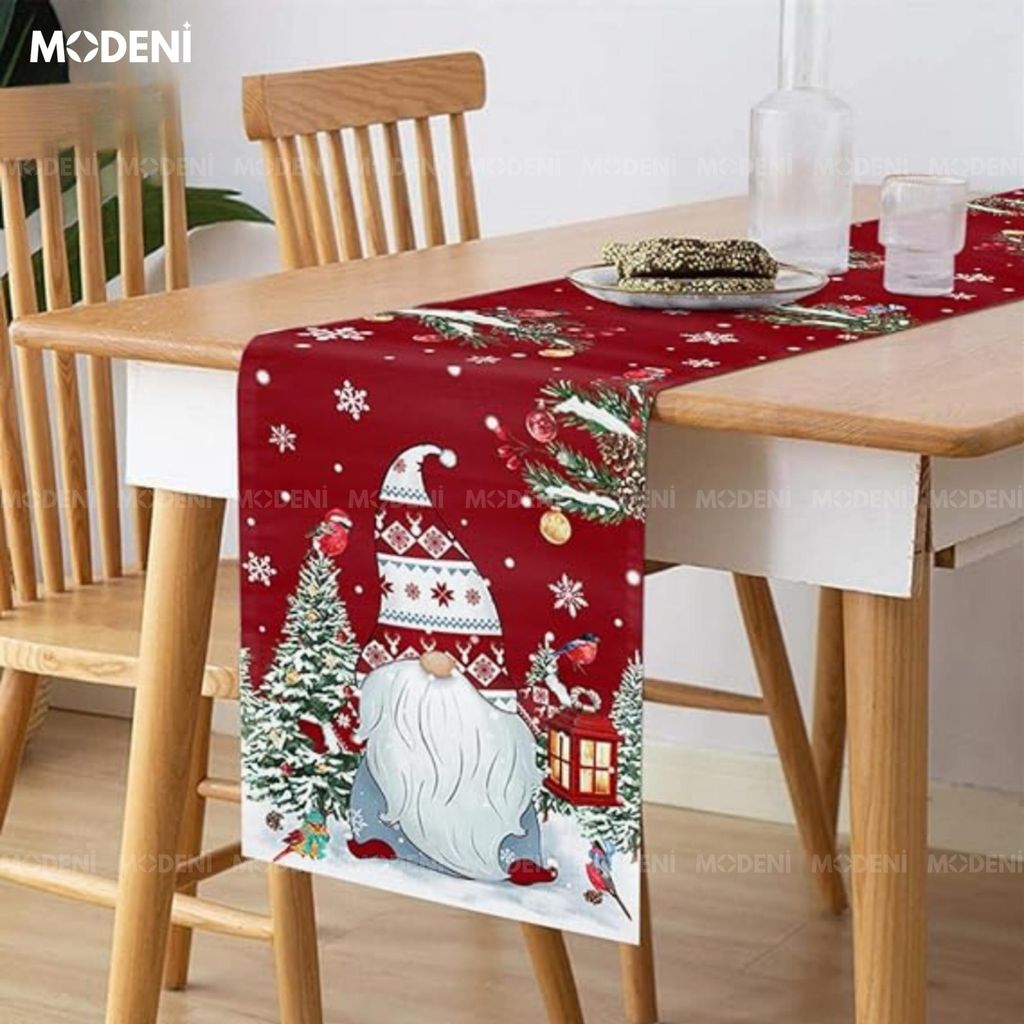 Khăn Table Runner Christmas Mr.Claus Red – Santa & Forest Scene, Dài 3m, Decor Giáng Sinh Ấm Cúng