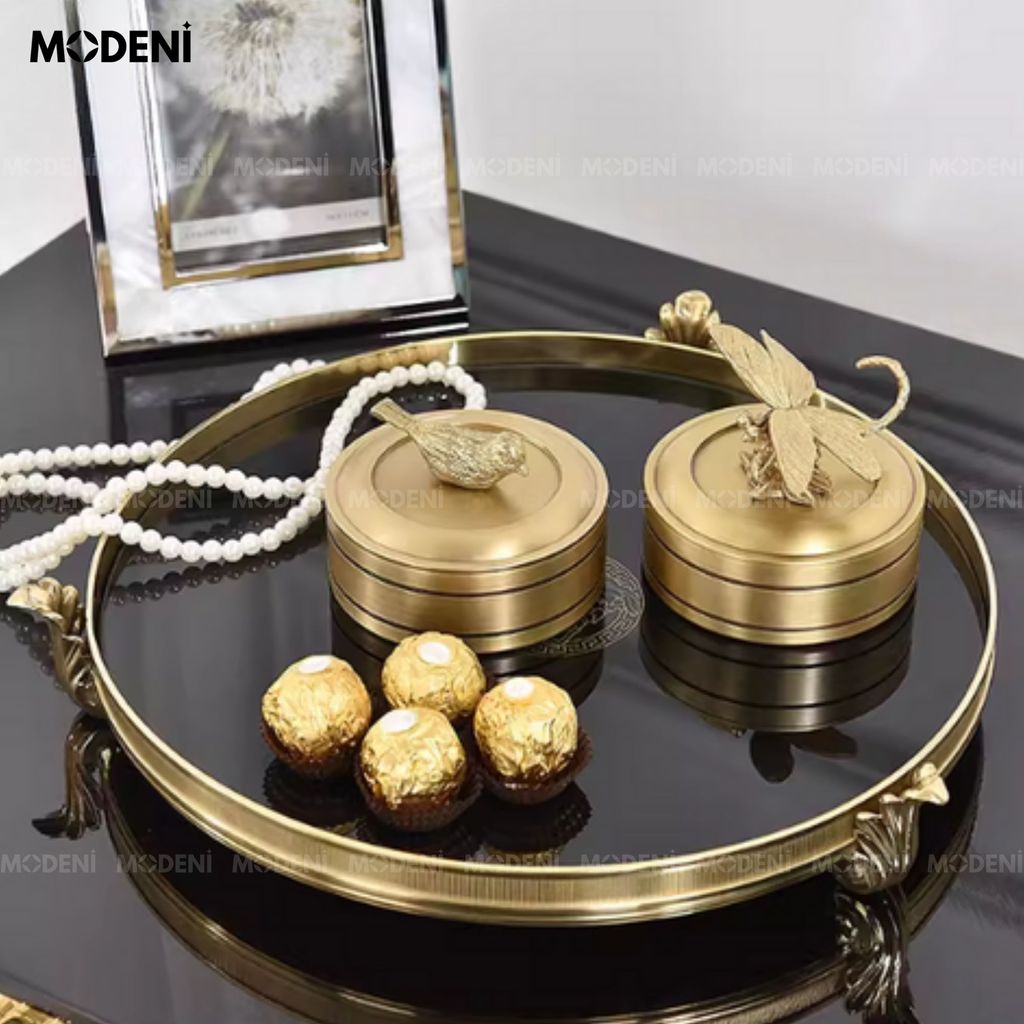 Khay Hình Tròn V Luxury Neo Trang Trí Cao Cấp Màu Đen Viền Vàng Sang Trọng Phong Cách Châu Âu Hiện Đại