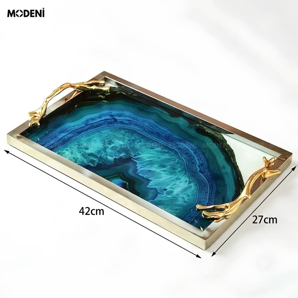 Khay Chữ Nhật Lazuli Trang Trí Mặt Thủy Tinh Cao Cấp Khung Inox Sang Trọng Màu Xanh Lưu Ly