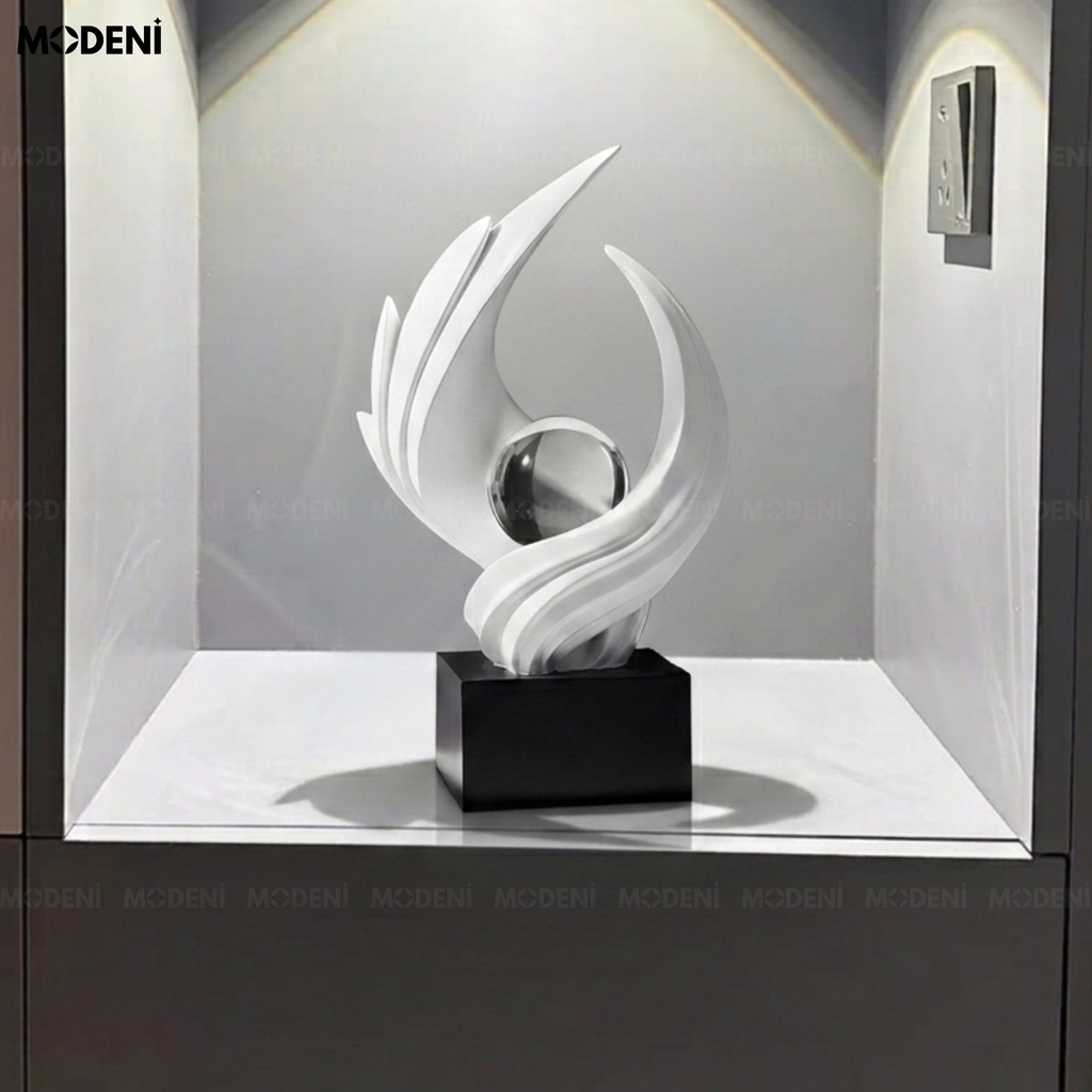 Tượng Trang Trí Aurel white - Resin cao cấp trắng mờ biểu tượng ánh sáng và sự tinh khiết phối cầu thủy tinh trang trí phòng khách/kệ tủ