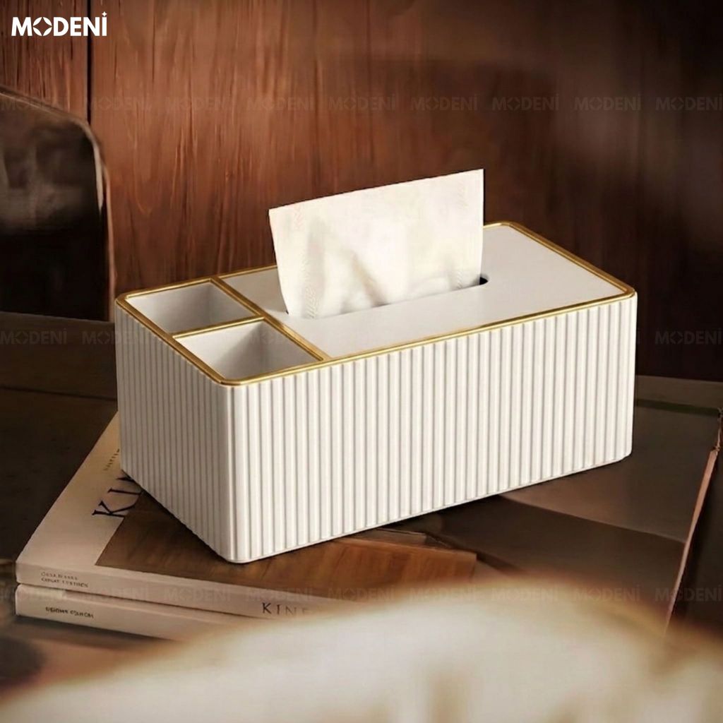 Hộp Khăn Giấy Donna Trắng Da PU Cao Cấp Vân Sọc Tinh Tế Phối Viền Vàng Sang Trọng Phòng Khách Hiện Đại Tối Giản
