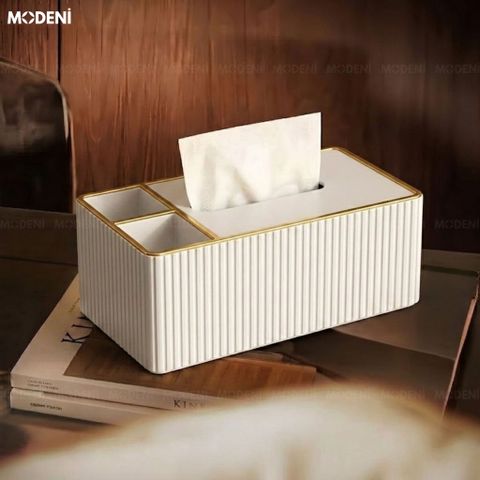  Hộp Khăn Giấy Donna Trắng Da PU Cao Cấp Vân Sọc Tinh Tế Phối Viền Vàng Sang Trọng Phòng Khách Hiện Đại Tối Giản 