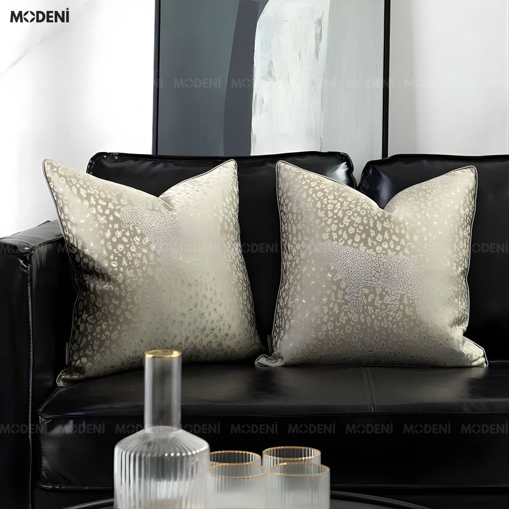 Vỏ Gối Sofa Ribbon – Vải Jackquard Kết Hợp Nhung Họa Tiết Đốm Loang May Khóa Ẩn Phong Cách Hiện Đại