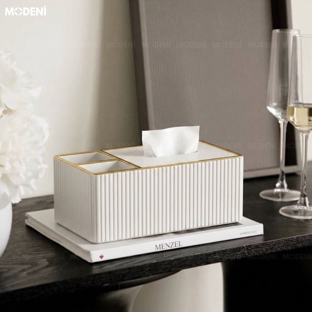 Hộp Khăn Giấy Donna Trắng Da PU Cao Cấp Vân Sọc Tinh Tế Phối Viền Vàng Sang Trọng Phòng Khách Hiện Đại Tối Giản