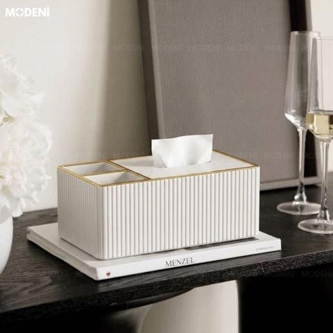  Hộp Khăn Giấy Donna Trắng Da PU Cao Cấp Vân Sọc Tinh Tế Phối Viền Vàng Sang Trọng Phòng Khách Hiện Đại Tối Giản 
