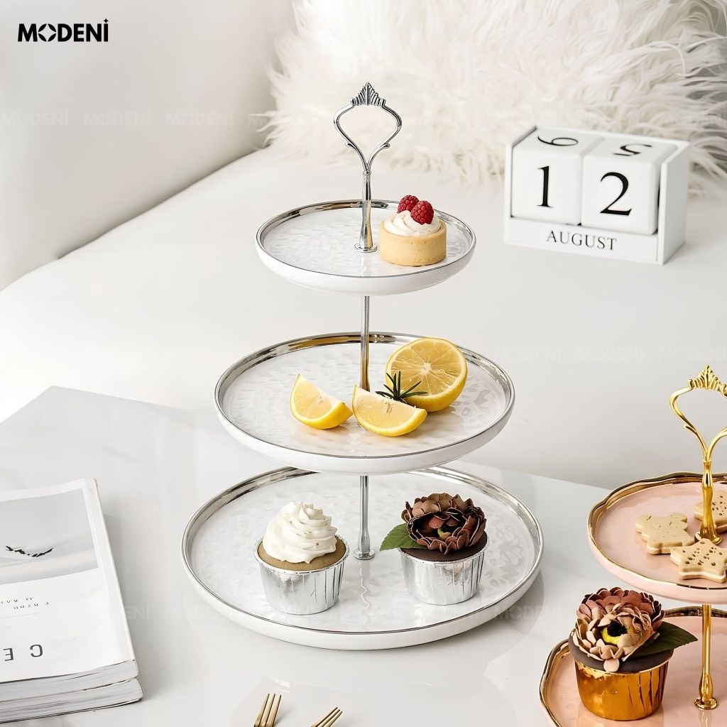 Khay 3 Tầng Ondine Sứ Tráng Men Phối Kim Loại Họa Tiết Vân Sóng Trắng Bạc Trưng Bày Bánh Ngọt Tiện Dụng Cho Tiệc Trà Chiều