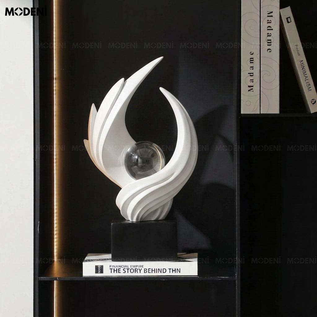 Tượng Trang Trí Aurel white - Resin cao cấp trắng mờ biểu tượng ánh sáng và sự tinh khiết phối cầu thủy tinh trang trí phòng khách/kệ tủ