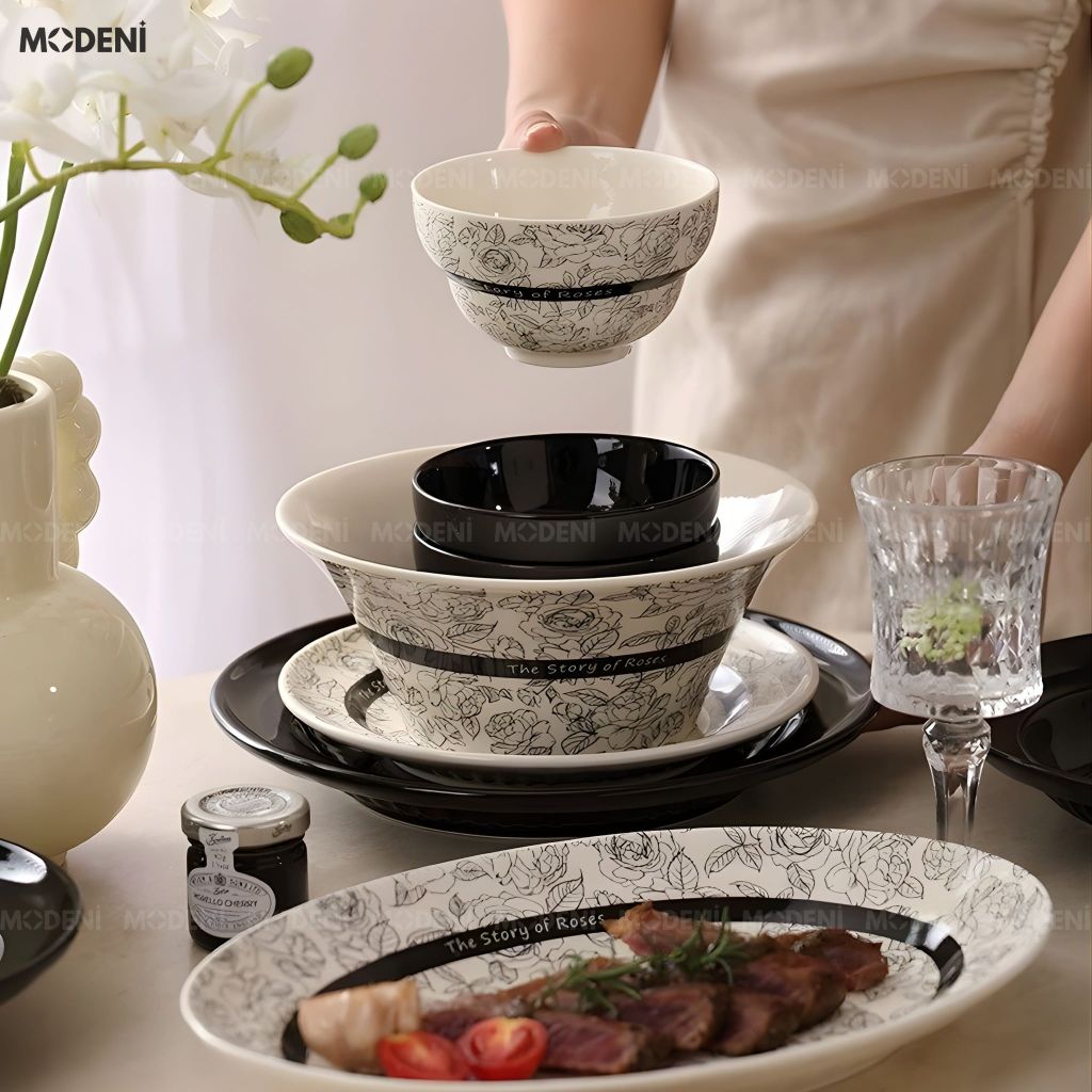 Bộ Chén Đĩa Sứ Tráng Men Cao Cấp Roseline – Họa Tiết Hoa Hồng Pháp Cổ Điển, Tông Đen Trắng Thanh Lịch Chuẩn Bàn Tiệc Parisian Chic