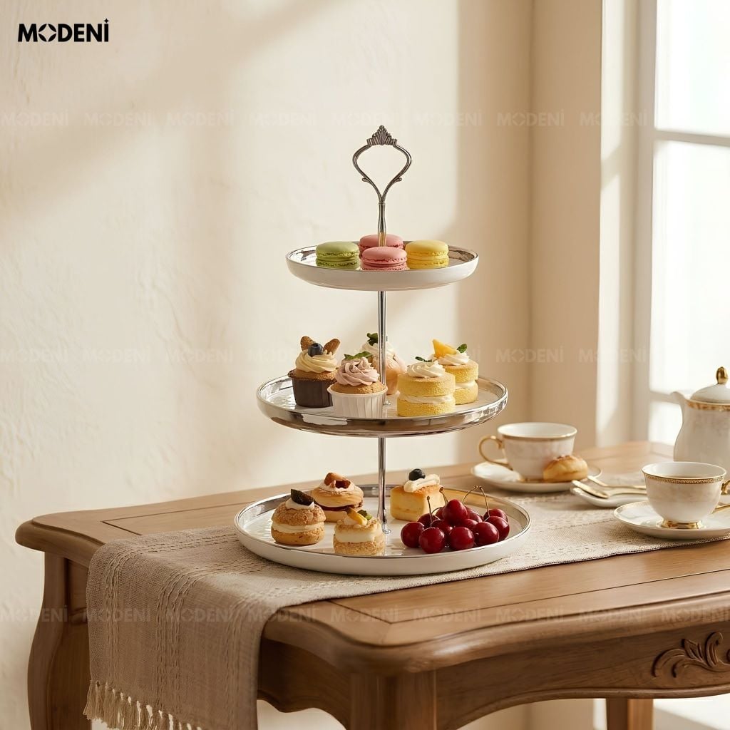 Khay 3 Tầng Ondine Sứ Tráng Men Phối Kim Loại Họa Tiết Vân Sóng Trắng Bạc Trưng Bày Bánh Ngọt Tiện Dụng Cho Tiệc Trà Chiều