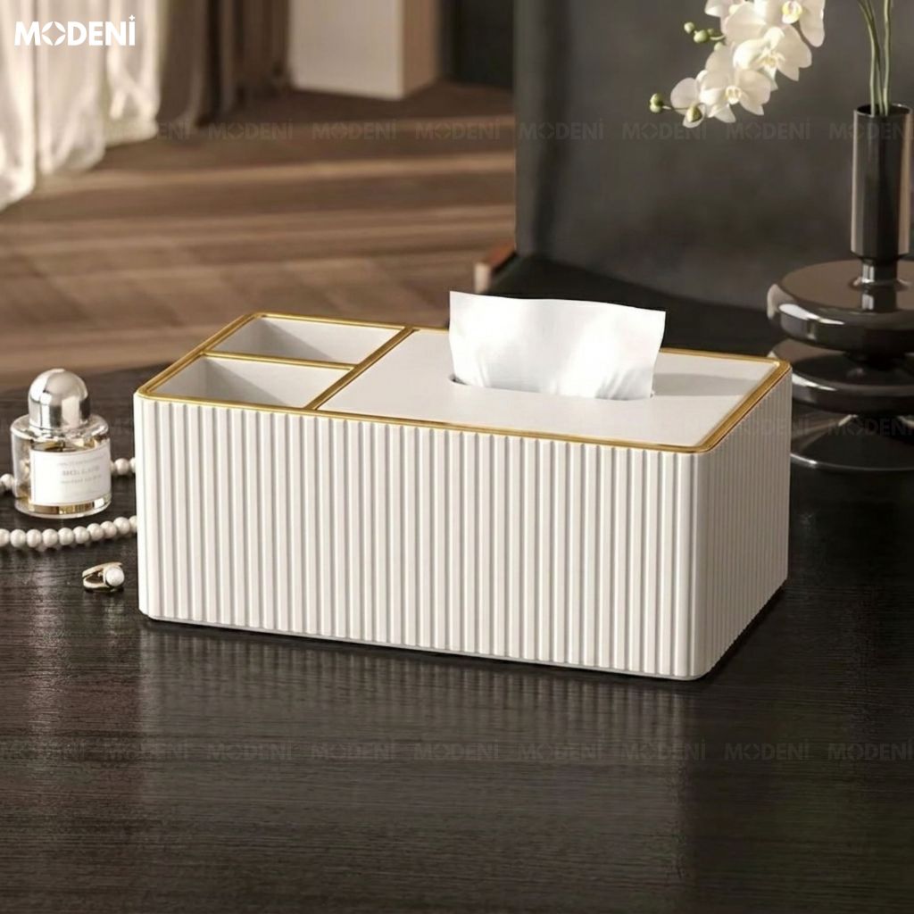 Hộp Khăn Giấy Donna Trắng Da PU Cao Cấp Vân Sọc Tinh Tế Phối Viền Vàng Sang Trọng Phòng Khách Hiện Đại Tối Giản