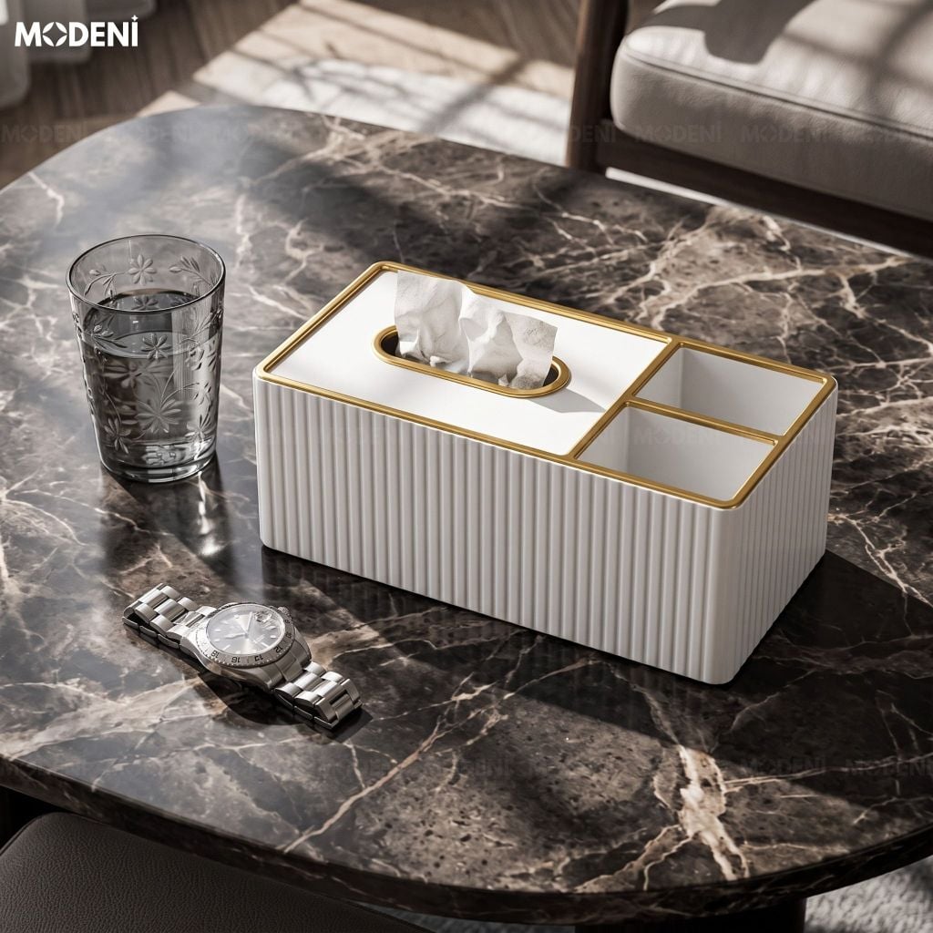 Hộp Khăn Giấy Donna Trắng Da PU Cao Cấp Vân Sọc Tinh Tế Phối Viền Vàng Sang Trọng Phòng Khách Hiện Đại Tối Giản