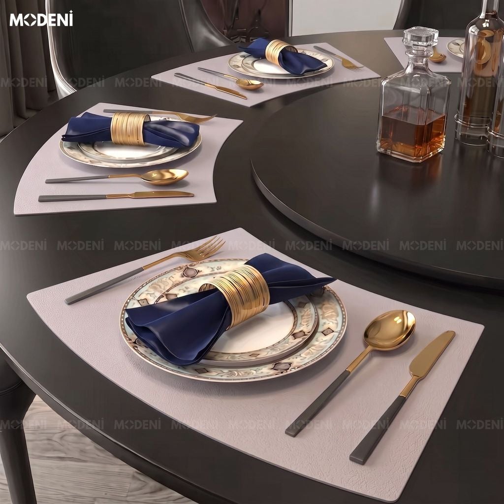 Tấm Lót Bàn Ăn Arcato Placemat PVC Giả Da Xám Trắng Dáng Cong Bán Nguyệt Chống Nước Dễ Lau Chùi Cho Bàn Tiệc