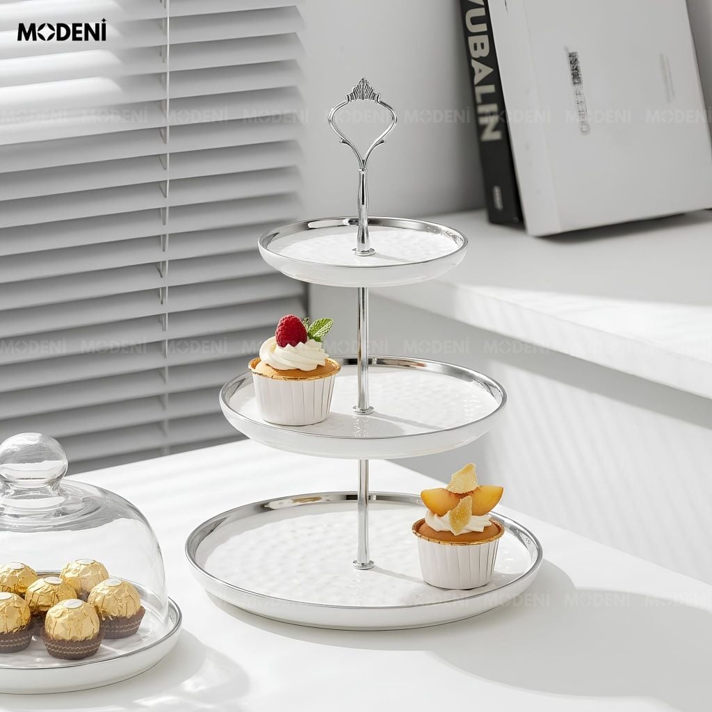 Khay 3 Tầng Ondine Sứ Tráng Men Phối Kim Loại Họa Tiết Vân Sóng Trắng Bạc Trưng Bày Bánh Ngọt Tiện Dụng Cho Tiệc Trà Chiều