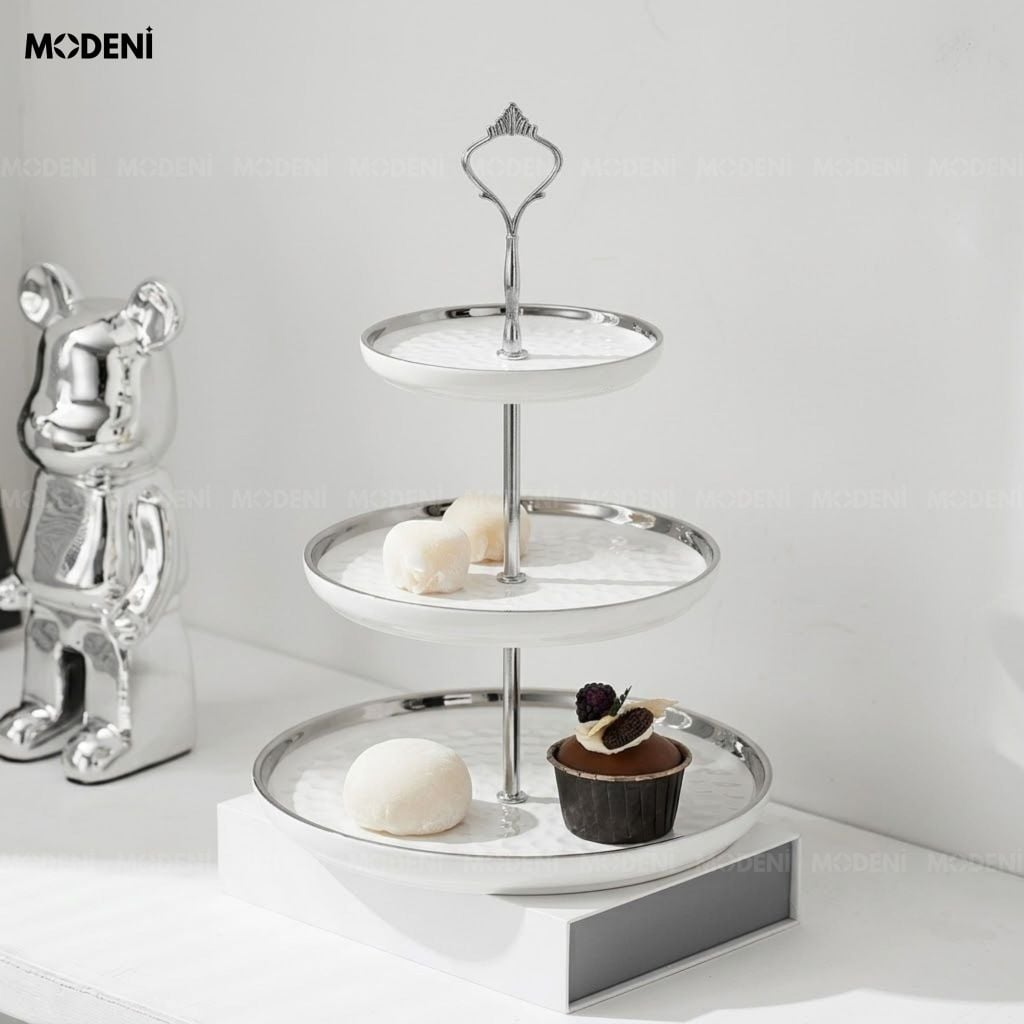 Khay 3 Tầng Ondine Sứ Tráng Men Phối Kim Loại Họa Tiết Vân Sóng Trắng Bạc Trưng Bày Bánh Ngọt Tiện Dụng Cho Tiệc Trà Chiều