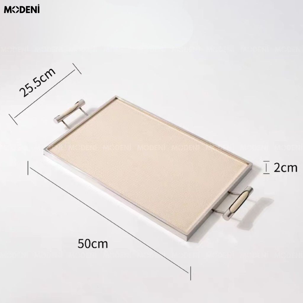 Khay Trang Trí Ivory Ellie Khung Hợp Kim Phối Da Màu Be Phong Cách Bắc Âu Elegance