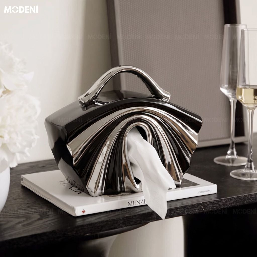 Hộp Khăn Giấy Luva Gốm Sứ Cao Cấp Tráng Gương Ánh Chrome Phong Cách Art Deco Cho Phòng Ngủ