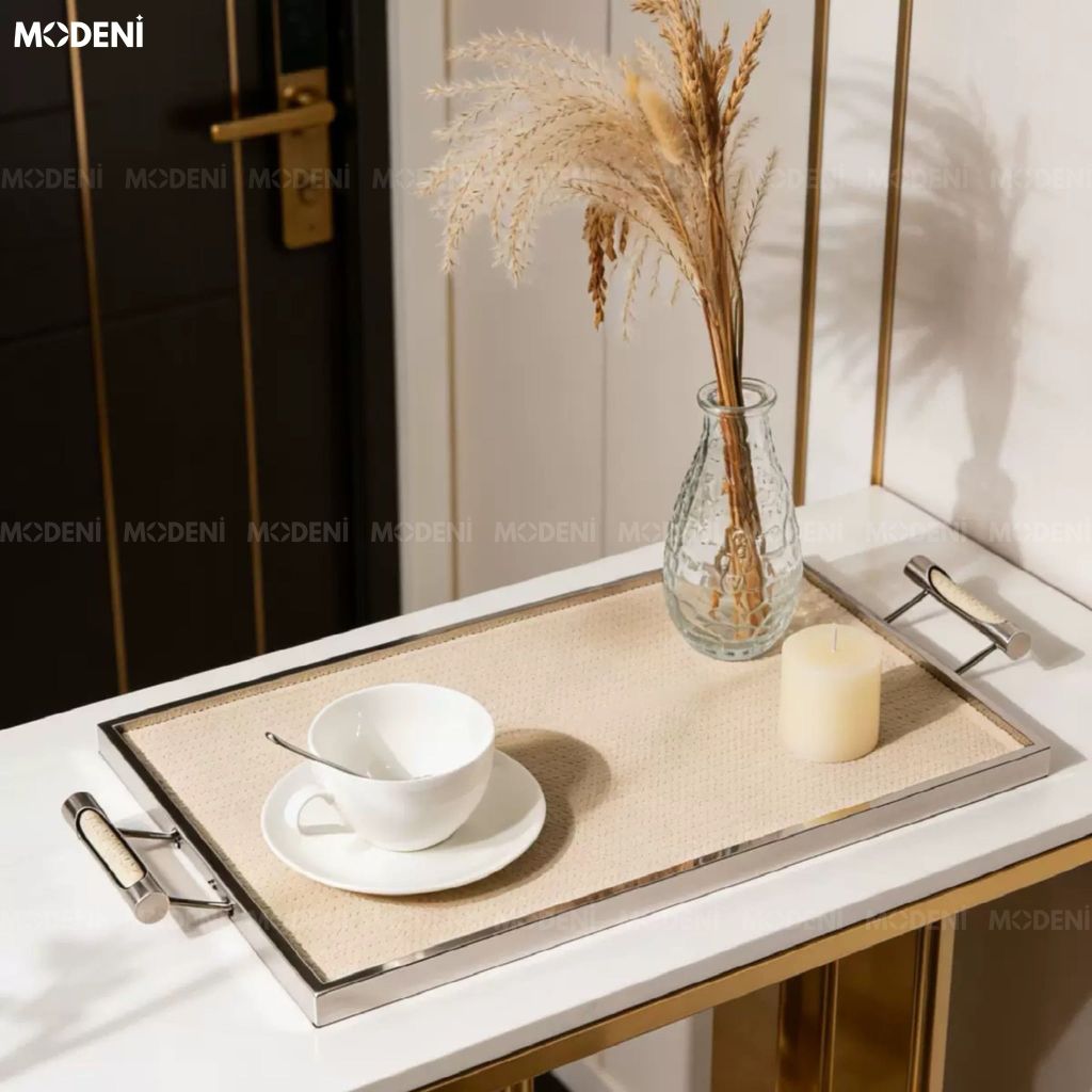 Khay Trang Trí Ivory Ellie Khung Hợp Kim Phối Da Màu Be Phong Cách Bắc Âu Elegance