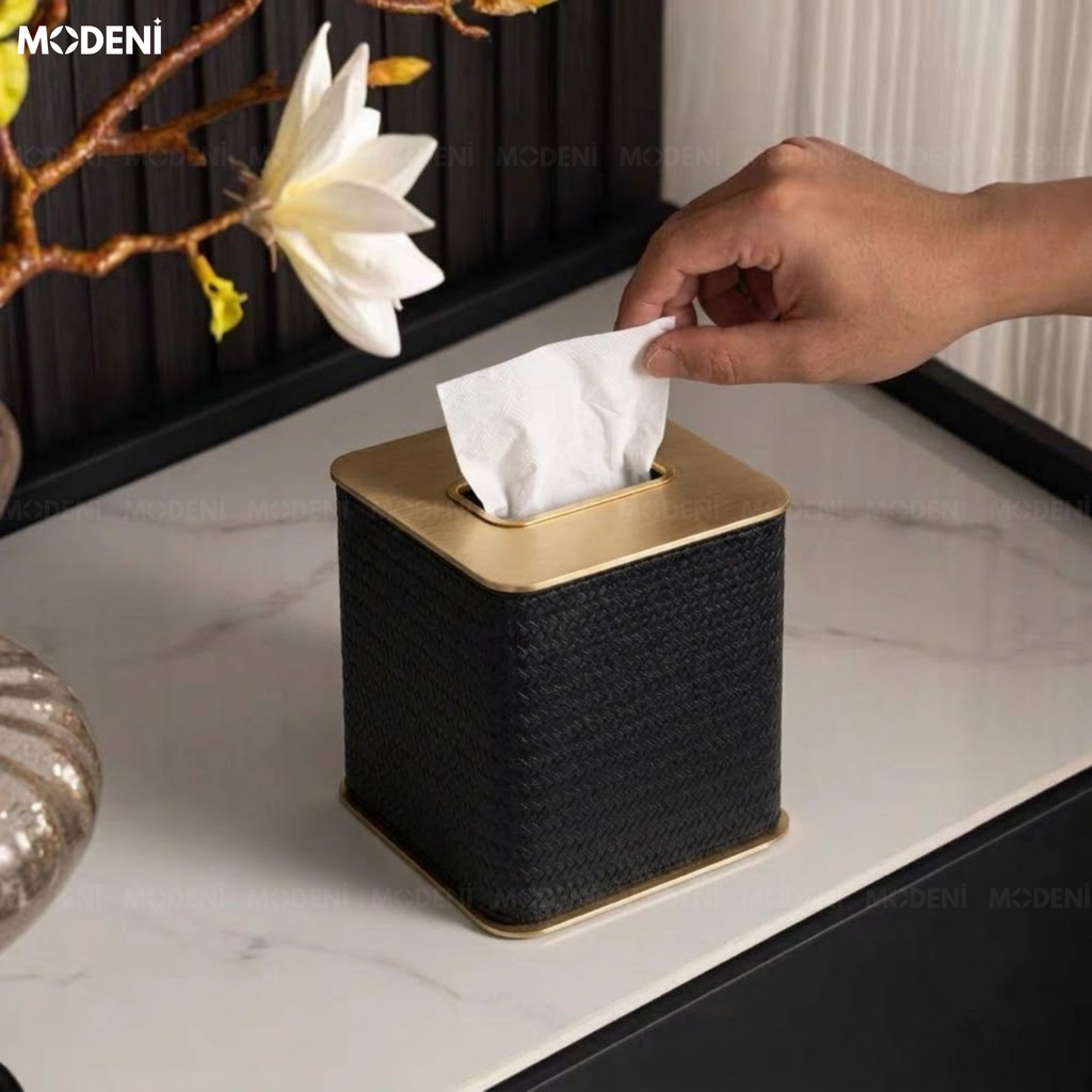 Hộp Khăn Giấy Keris Vuông Đen Da PU Cao Cấp Nắp Kim Loại Sang Trọng Cho Phòng Khách Và Văn Phòng
