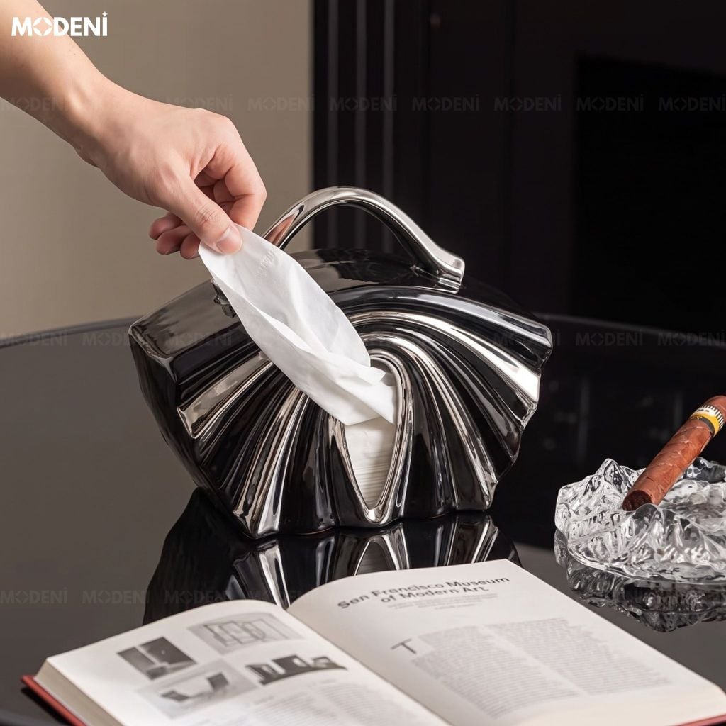 Hộp Khăn Giấy Luva Gốm Sứ Cao Cấp Tráng Gương Ánh Chrome Phong Cách Art Deco Cho Phòng Ngủ