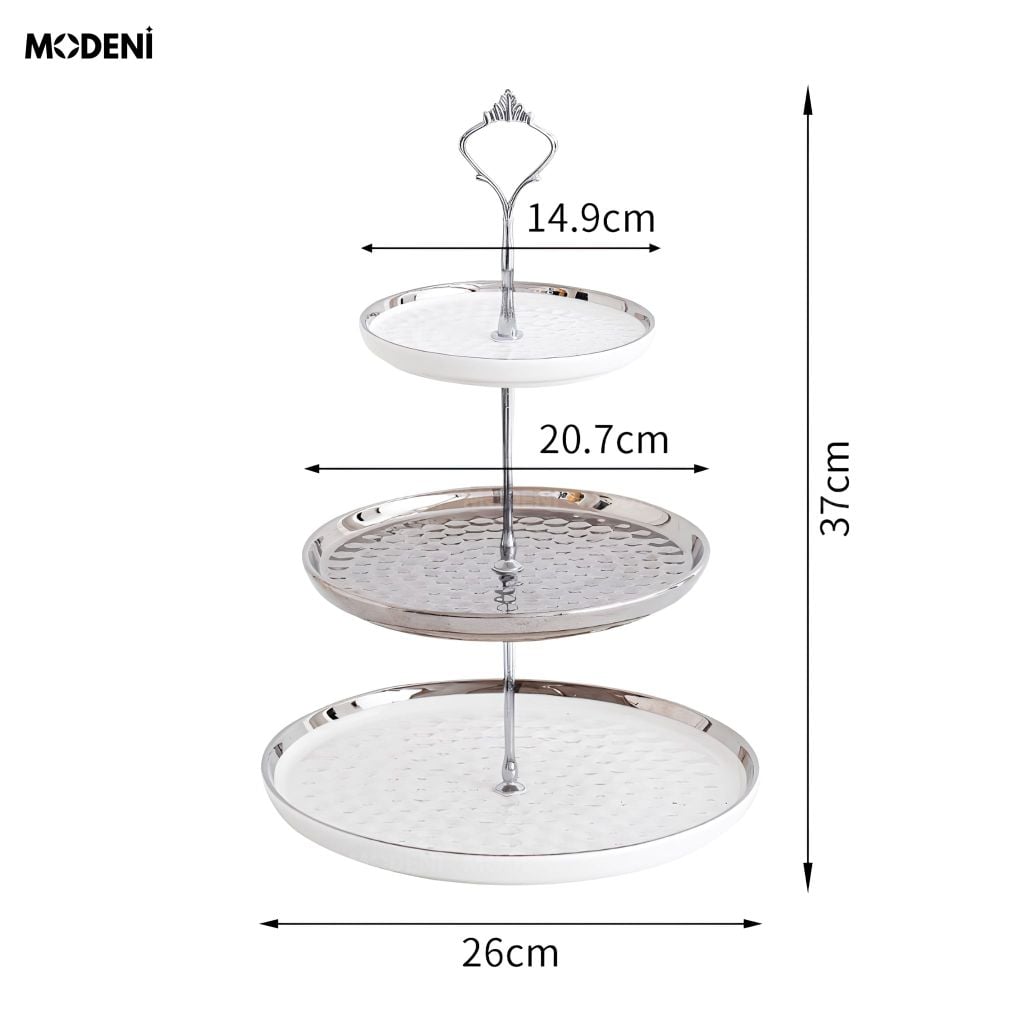 Khay 3 Tầng Ondine Sứ Tráng Men Phối Kim Loại Họa Tiết Vân Sóng Trắng Bạc Trưng Bày Bánh Ngọt Tiện Dụng Cho Tiệc Trà Chiều